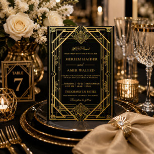 Invitación Con Relieve Metalizado Boda islámica Art Déco de lujo en negro y dorado