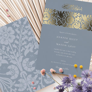 Invitación Con Relieve Metalizado Boda Islámica Azul Pizarra Dorada Ornata Floral