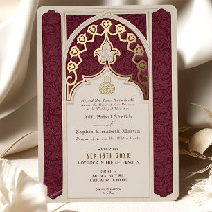 Invitación Con Relieve Metalizado Boda Islámica con hoja de oro y Borgoña