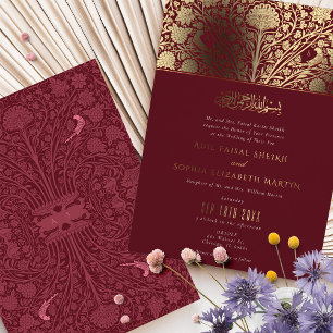 Invitación Con Relieve Metalizado Boda Islámica de Lujo Burgundy y Dorado