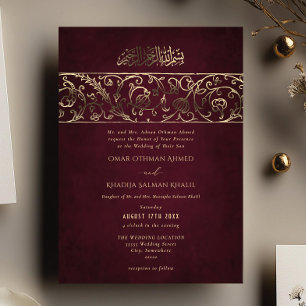 Invitación Con Relieve Metalizado Boda Islámica de Lujo Floral Burgundy y Oro