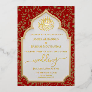 Invitación Con Relieve Metalizado Boda Islámica Elegante de Hoja de Oro y Rojo