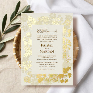 Invitación Con Relieve Metalizado Boda Islámica Floral Elegante