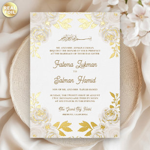 Invitación Con Relieve Metalizado Boda Islámica Musulmana con Brillo Dorado y Floral