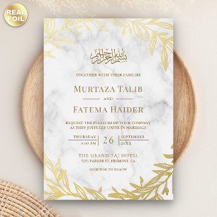 Invitación Con Relieve Metalizado Boda Islámica Musulmana con Hojas de Oro y Mármol