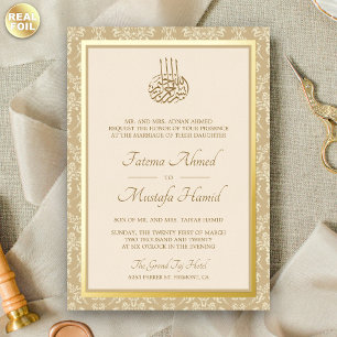 Invitación Con Relieve Metalizado Boda Islámica Musulmana de Damasco en Crema y Dora