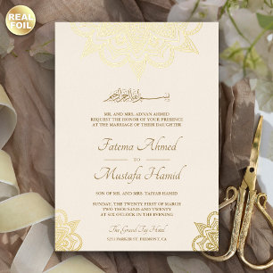 Invitación Con Relieve Metalizado Boda Islámica Musulmana de Mehndi de Henna en Crem