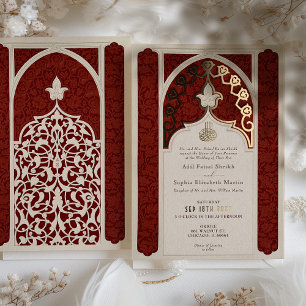 Invitación Con Relieve Metalizado Boda Islámica Opulenta de Encaje con Hojas de Oro