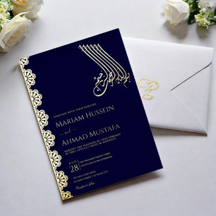 Invitación Con Relieve Metalizado Boda Islámica Ornamental Elegante Dorada y Azul Ma