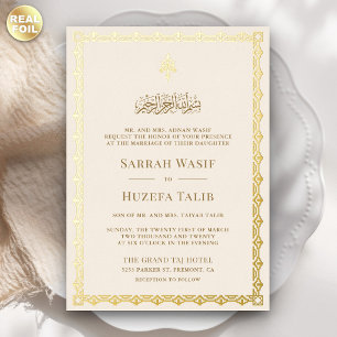 Invitación Con Relieve Metalizado Boda Islámica Tradicional con Borde de Crema y Oro