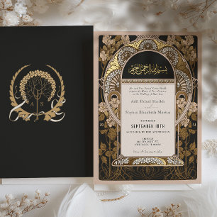 Invitación Con Relieve Metalizado Boda Islámica Vintage Árbol de la Vida Dorado
