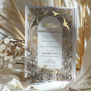 Invitación Con Relieve Metalizado Boda Islámica Vintage Crema y Oro