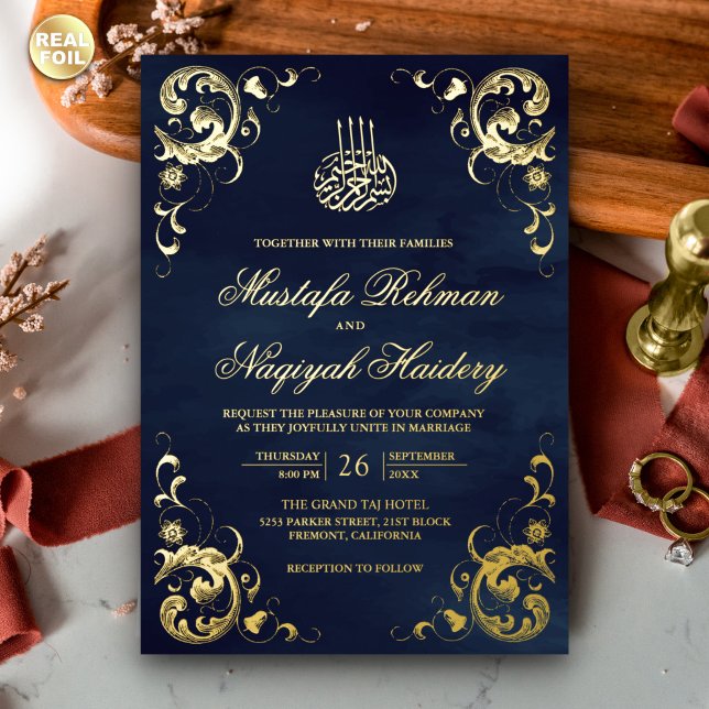 Invitación Con Relieve Metalizado Boda islámico azul de la armada del marco antiguo (Subido por el creador)