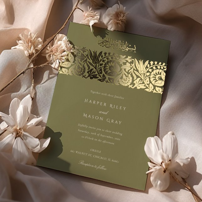 Invitación Con Relieve Metalizado Boda islámico Olive Green Gold (Subido por el creador)