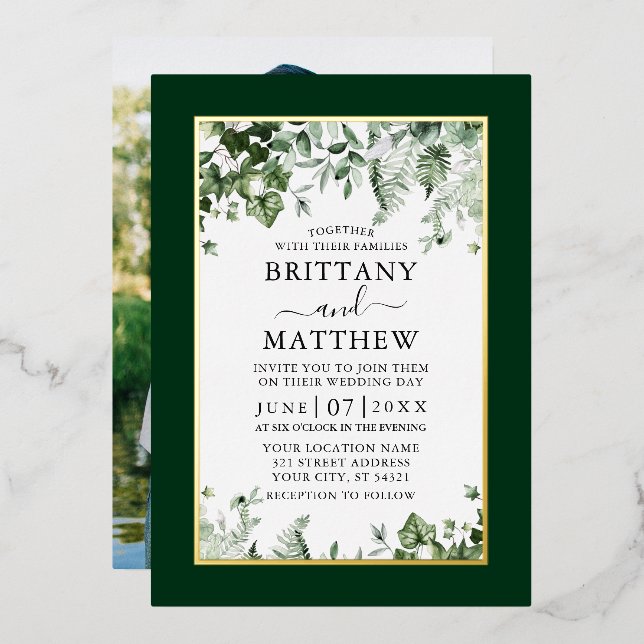 Invitación Con Relieve Metalizado Boda Ivy Sage Ferns Photo Gold (Anverso/Reverso)
