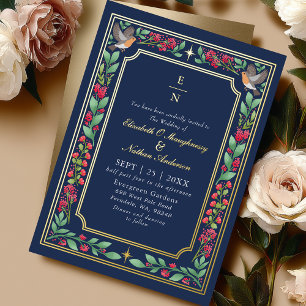 Invitación Con Relieve Metalizado Boda Jardín Botánico Floral Azul Encantadora