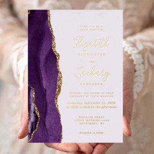 Invitación Con Relieve Metalizado Boda Lavanda de Ágata Dorada Púrpura Moderna