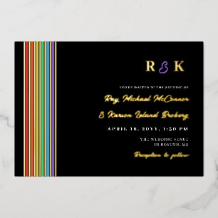 Invitación Con Relieve Metalizado Boda LGBT informal con monograma de rayas de orgul