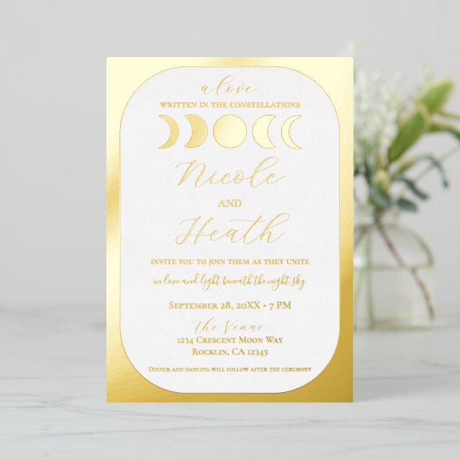 Invitación Con Relieve Metalizado Boda lunar lujoso Relieve metalizado dorado real M (Anverso de pie)