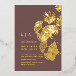 Invitación Con Relieve Metalizado Boda Luxe Gingko Leaf Real Gold