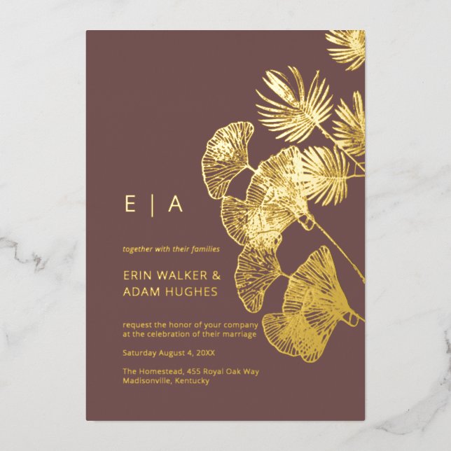Invitación Con Relieve Metalizado Boda Luxe Gingko Leaf Real Gold (Anverso)