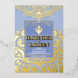 Invitación Con Relieve Metalizado Boda LuxGlitter Blue Gold Sikh Anand Karaj