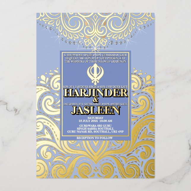 Invitación Con Relieve Metalizado Boda LuxGlitter Blue Gold Sikh Anand Karaj (Anverso)