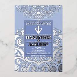Invitación Con Relieve Metalizado Boda LuxGlitter Blue Silver Sikh Anand Karaj