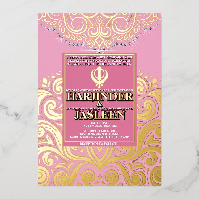 Invitación Con Relieve Metalizado Boda LuxGlitter Pink Gold Sikh Anand Karaj (Anverso)