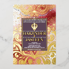 Invitación Con Relieve Metalizado Boda LuxGlitter Pink & Gold Sikh Anand Karaj