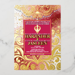 Invitación Con Relieve Metalizado Boda LuxGlitter Pink & Gold Sikh Anand Karaj