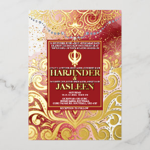 Invitación Con Relieve Metalizado Boda LuxGlitter Pink & Gold Sikh Anand Karaj