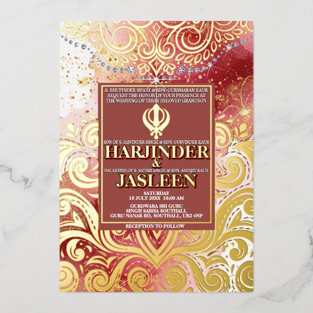 Invitación Con Relieve Metalizado Boda LuxGlitter Pink & Gold Sikh Anand Karaj (Anverso)