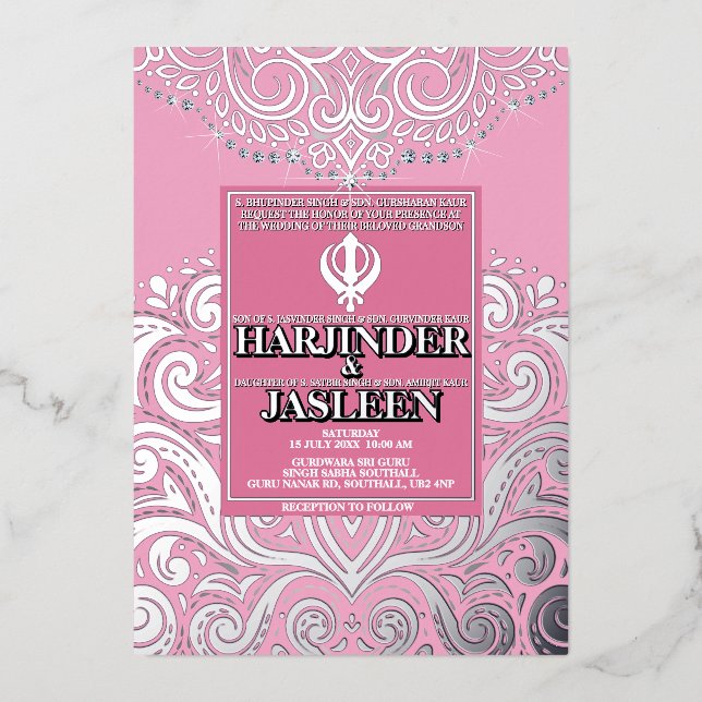 Invitación Con Relieve Metalizado Boda LuxGlitter Silver Sikh Anand Karaj (Anverso)