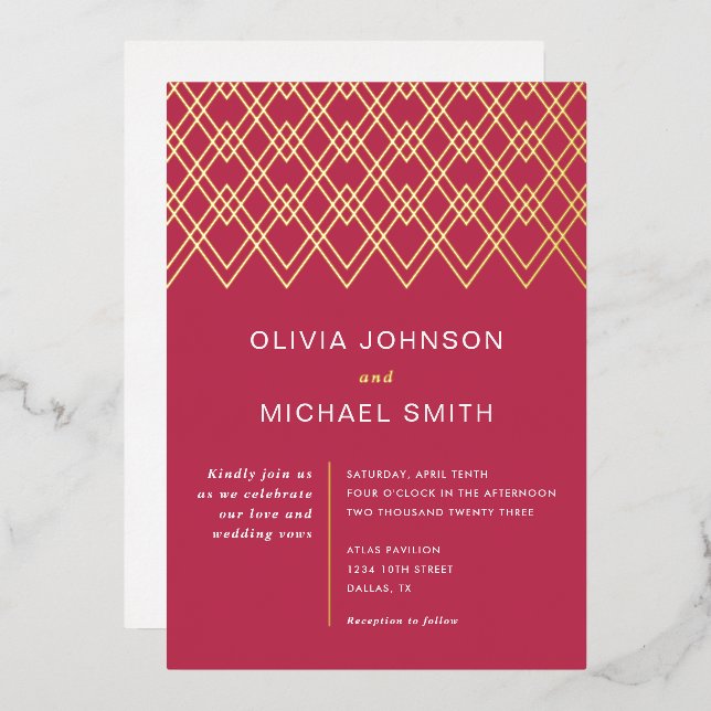 Invitación Con Relieve Metalizado Boda Magenta de diamantes geométricos (Anverso/Reverso)