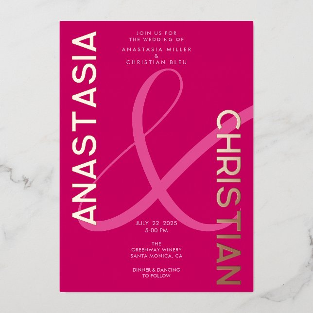 Invitación Con Relieve Metalizado Boda magenta moderno y audaz (Anverso)