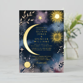 Invitación Con Relieve Metalizado Boda Mágica Celestial de Luna y Estrellas