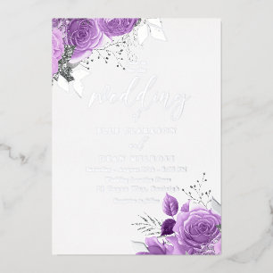 Invitación Con Relieve Metalizado Boda Mágica de Purpura y Plata con Hojas de Estaño