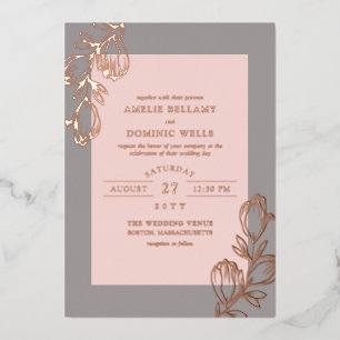 Invitación Con Relieve Metalizado Boda Magnolia Buds Blush Gray Rose Gold