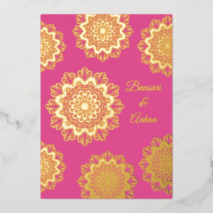 Invitación Con Relieve Metalizado Boda Mandala de oro hindú