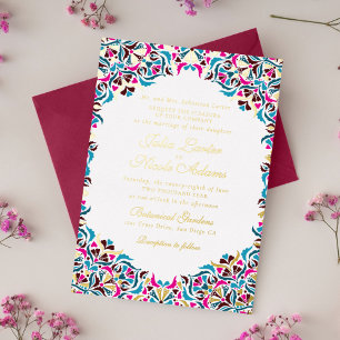 Invitación Con Relieve Metalizado Boda Mandala Floral Caprichosa Azul Magenta