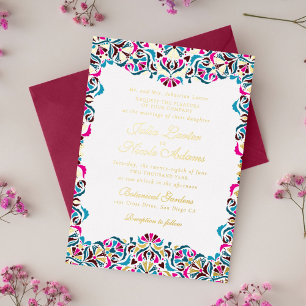 Invitación Con Relieve Metalizado Boda Mandala Floral Caprichosa Azul Magenta