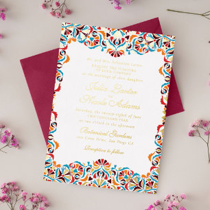 Invitación Con Relieve Metalizado Boda Mandala Floral Caprichosa Naranja Verde