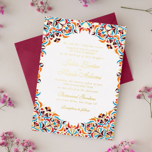 Invitación Con Relieve Metalizado Boda Mandala Floral Caprichosa Naranja Verde