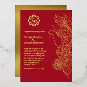 Invitación Con Relieve Metalizado Boda Mandala y Ganesha Rojo y Dorado