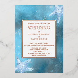 Invitación Con Relieve Metalizado Boda Mar Azul Profundo Real Hoja