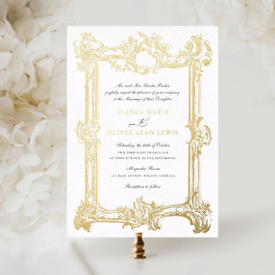 Invitación Con Relieve Metalizado Boda Marco de Hoja de Oro Ornamental Elegante Vint