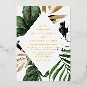 Invitación Con Relieve Metalizado Boda Marco de Hojas Tropicales Acuarela Rústica