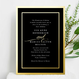 Invitación Con Relieve Metalizado Boda Marco de Oro Caligrafía Formal Ónix Negro