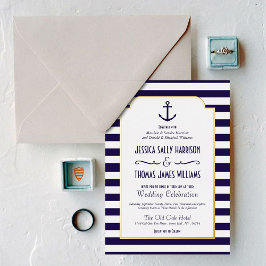Invitación Con Relieve Metalizado Boda Marina Armada y Ancla de Raya Blanca Real F